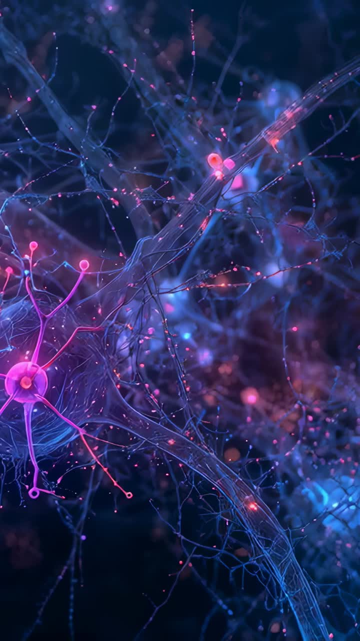 Vertical video: Camera zooming, soma sending signals across filaments in CGI, synapses glowing
