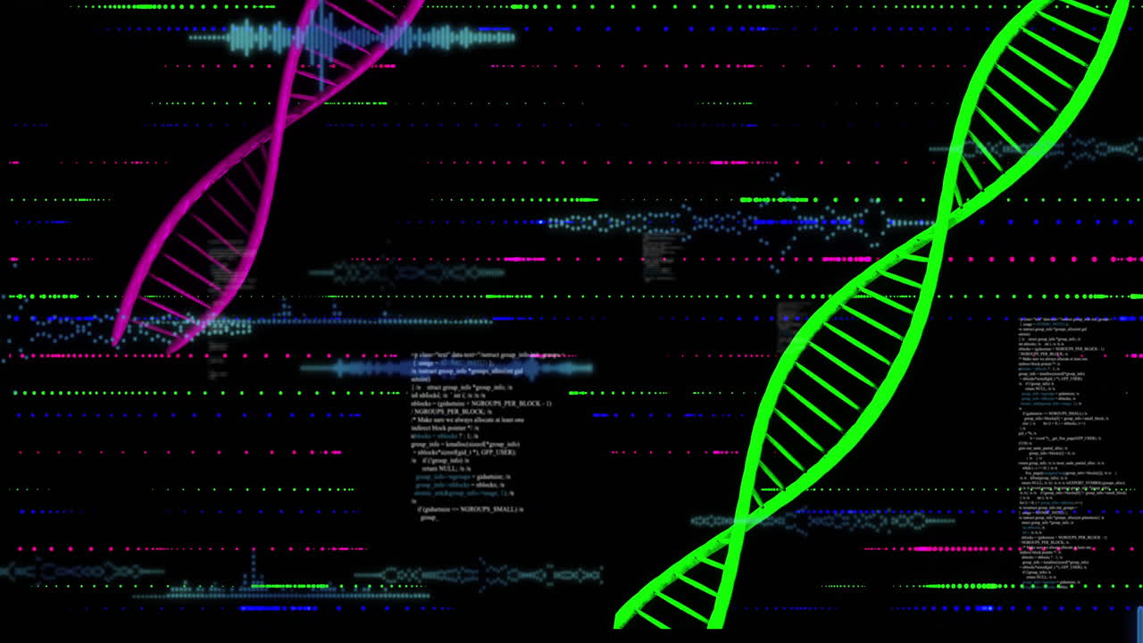 Animation of vibrant DNA strands and digital data patterns on black background