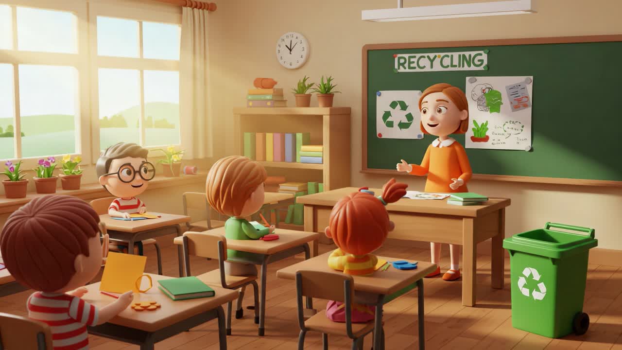 Engaging Classroom Scene Teaching Recycling Concepts to Young Students with Interactive Learning and Participation in a Bright Environment