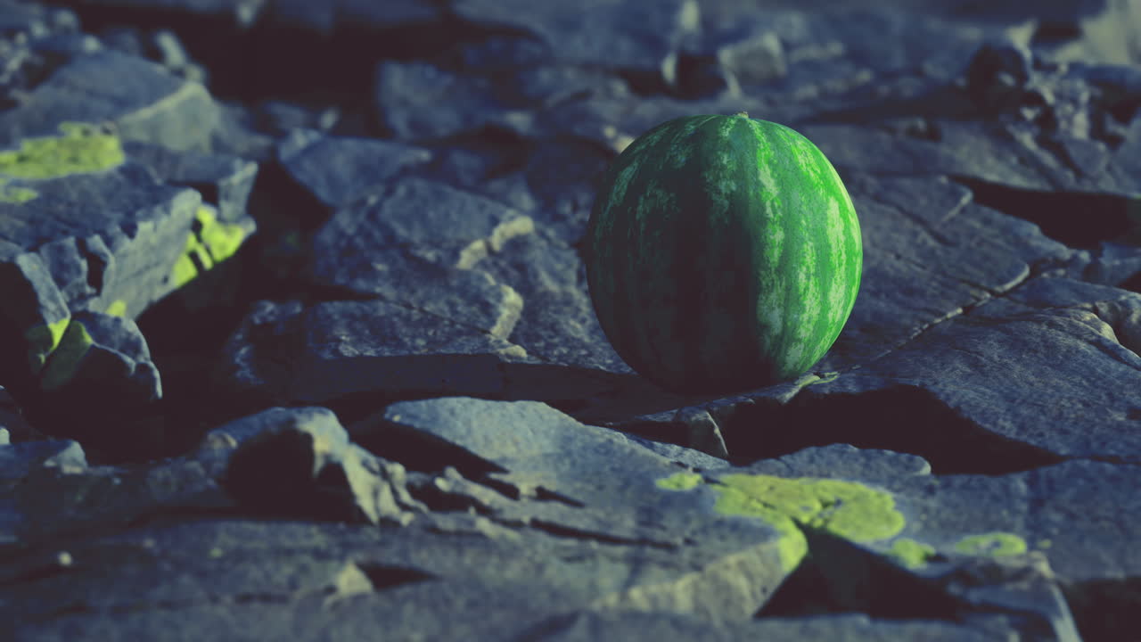 Vibrant watermelon resting on textured rocky surface under dim light