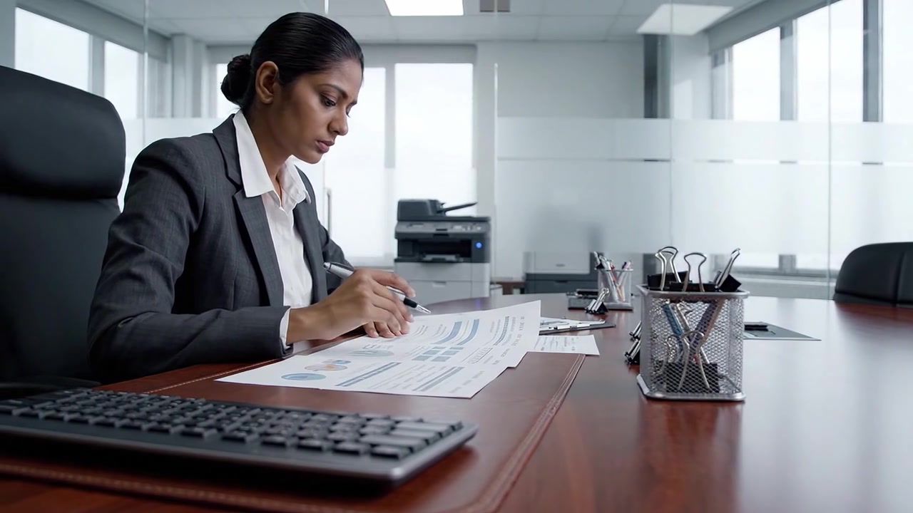 Professionnel d'affaires concentré analysant des rapports de données dans un environnement de bureau moderne avec un bureau élégant et des équipements de haute technologie pour la prise de décision stratégique.