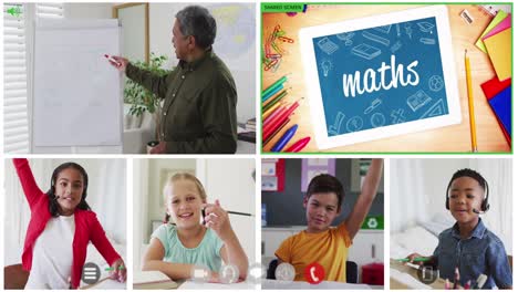 animación de seis pantallas de diversos niños, maestros y textos de matemáticas durante la lección escolar en línea