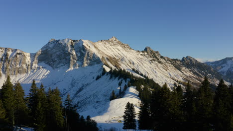 coniferous forest and la cape au moine summit during early winter in vaud, switzerland - aerial drone shot