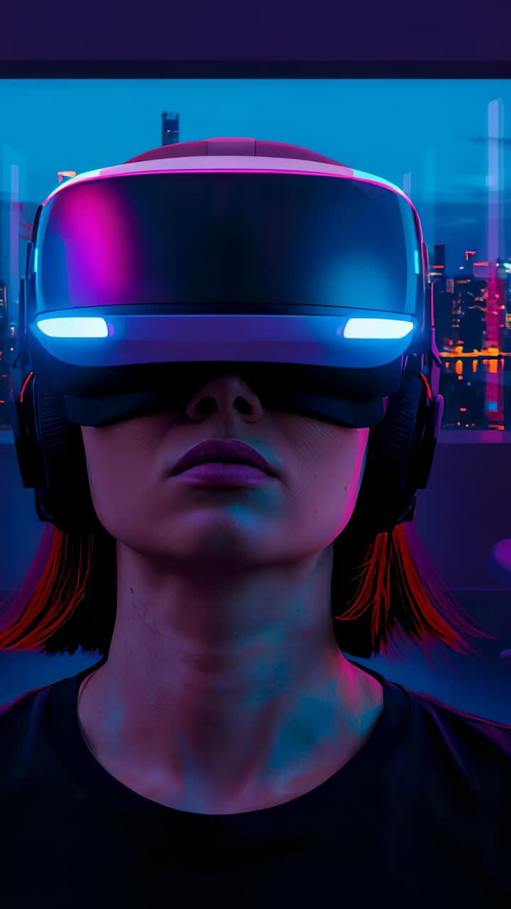 Video verticale: reazione a donna con impulsi LED, cuffie e visore VR che annuisce di fronte a uno skyline al neon