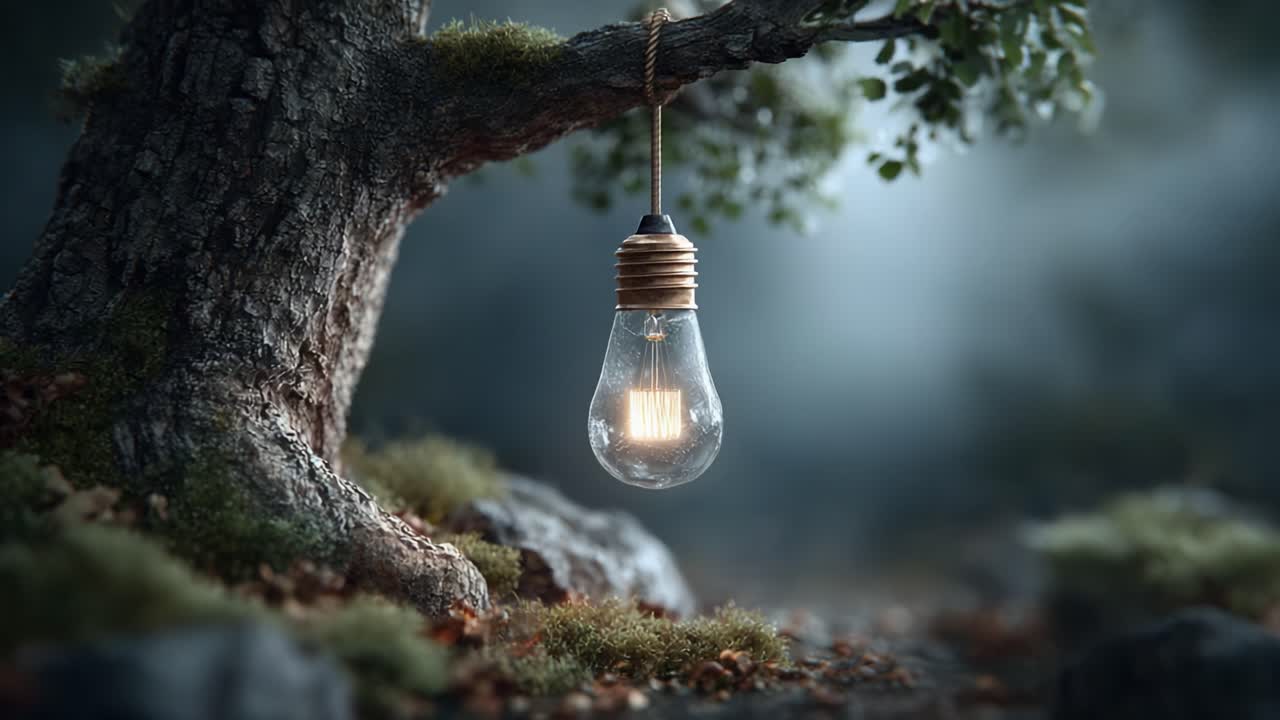 A magical light bulb hanging from a tree, illuminating the serene surroundings with its warm glow, capturing the enchanting essence of nature and tranquility