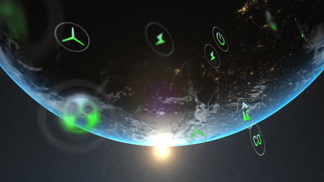 animation of eco icons and data processing over globe