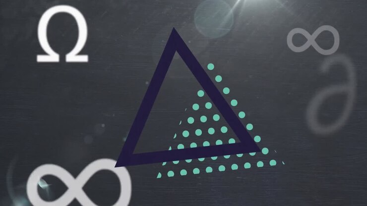 Triangular square shape over mathematical symbols against spot of light on grey background