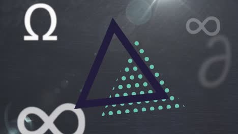 forma cuadrada triangular sobre símbolos matemáticos contra un punto de luz en un fondo gris