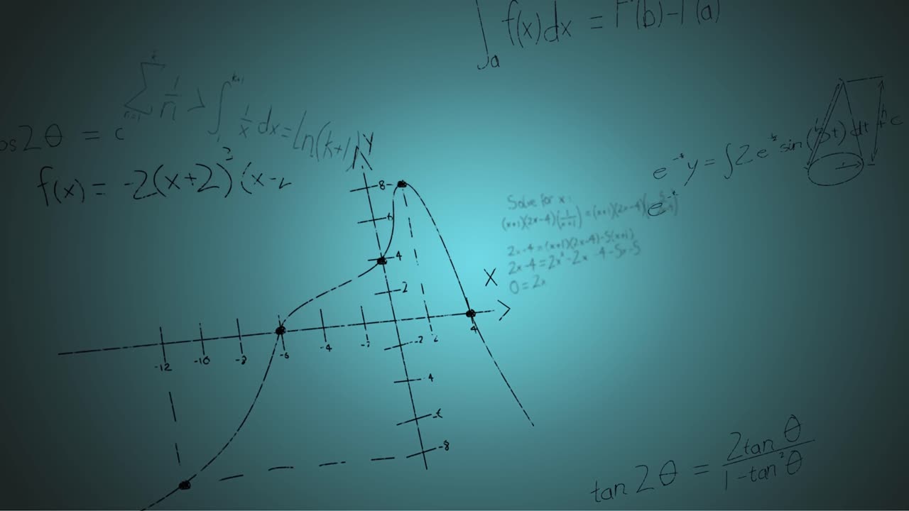 Animation of handwritten mathematical formulae over blue background