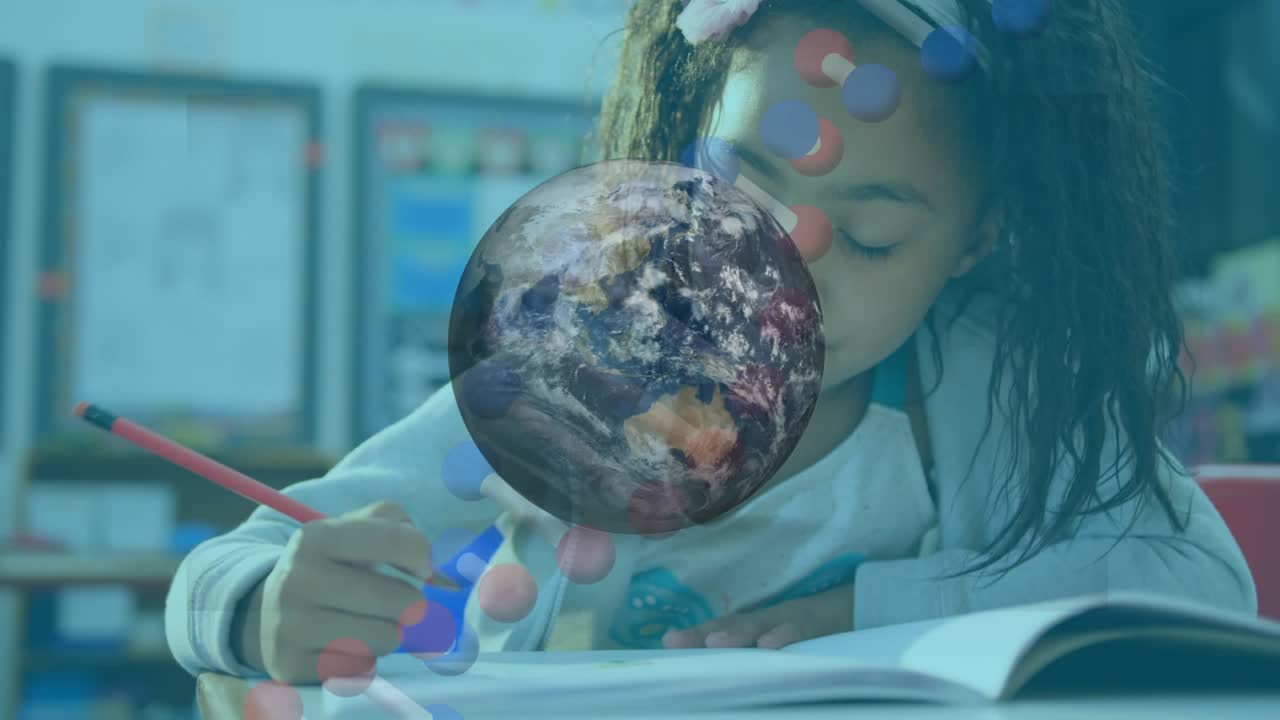 Animation of rotating globe and data processing over man using smartphone