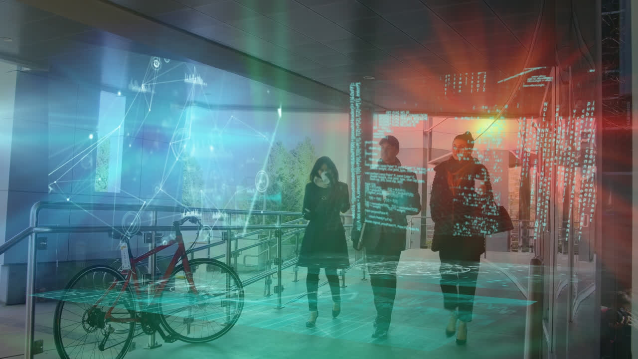 Animation of financial data processing over diverse business people in office