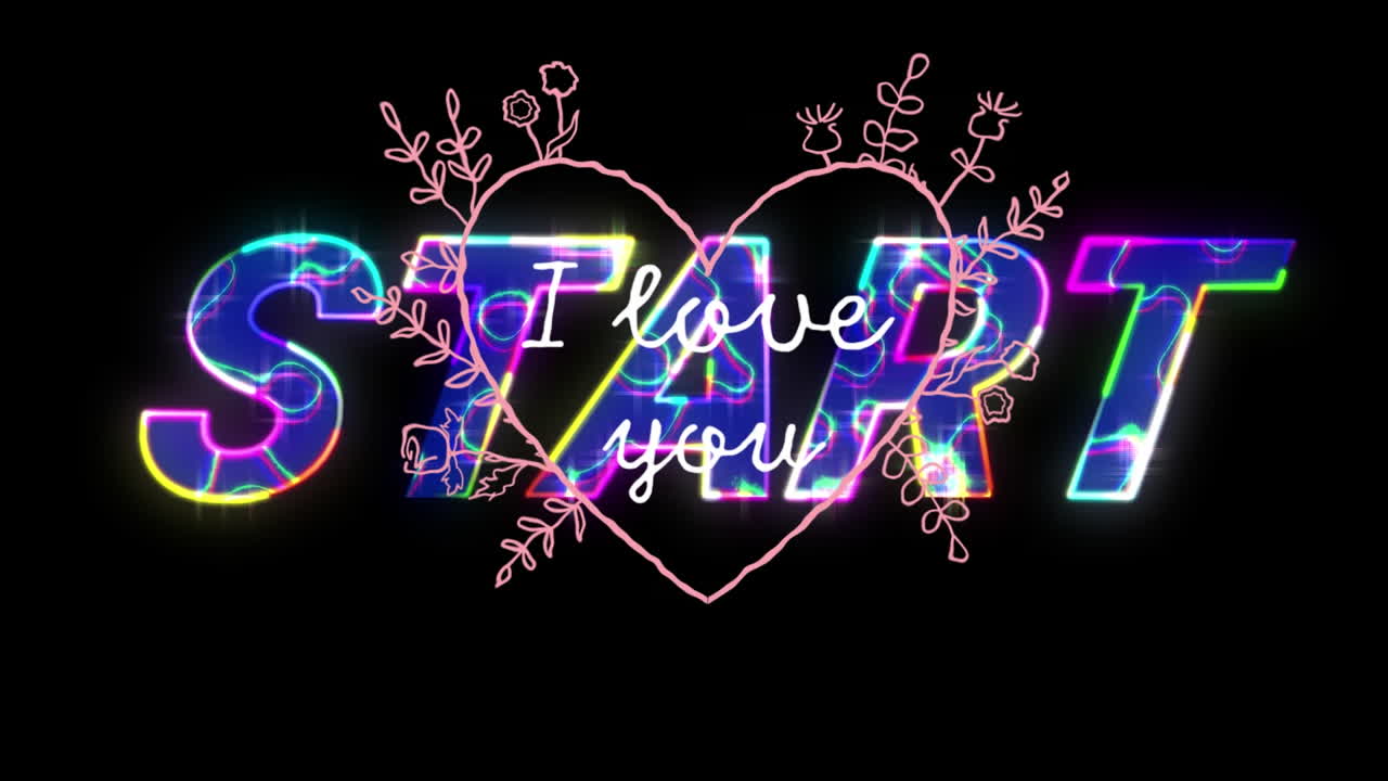 animación del corazón con te quiero y colorido comienzo sobre fondo negro