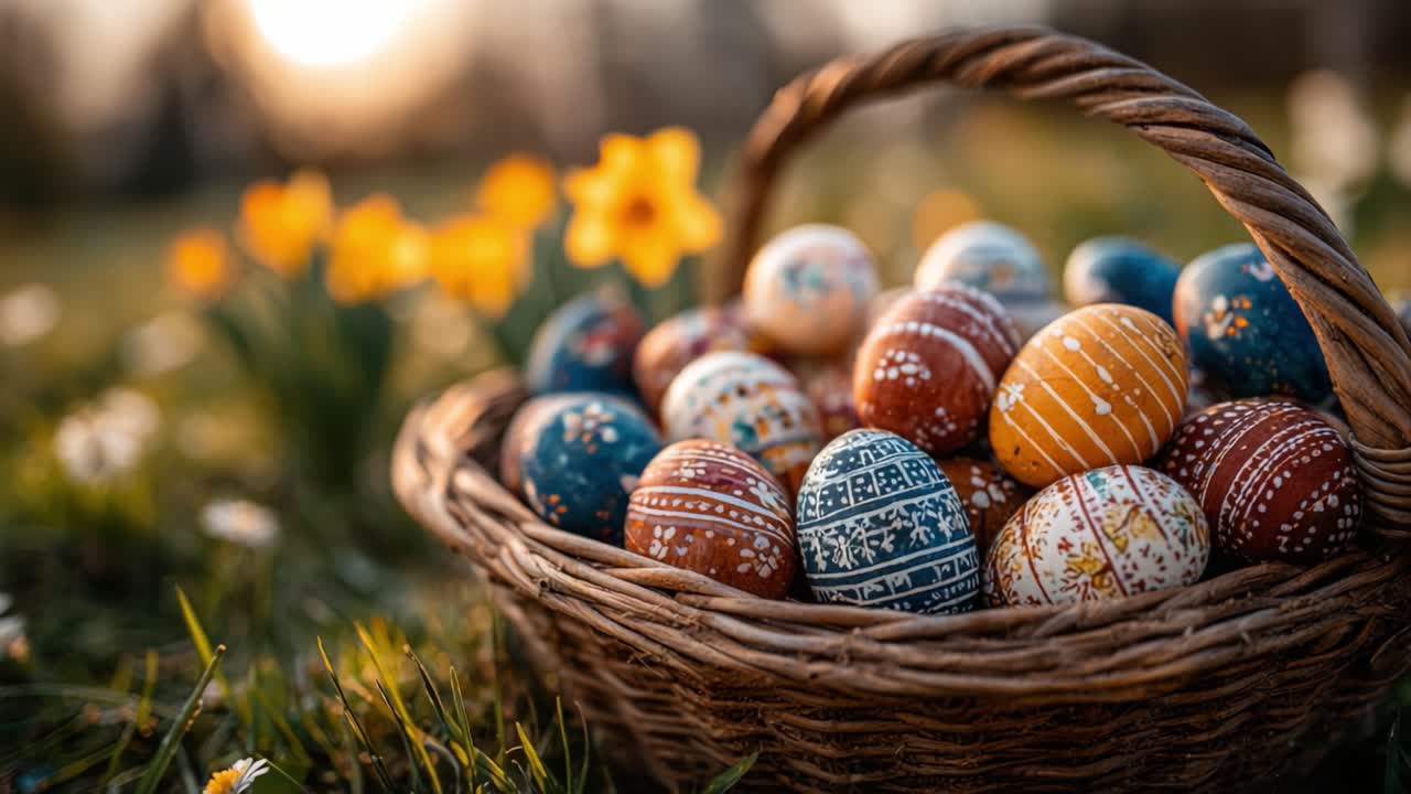 A Vibrant Basket of Decorated Easter Eggs Surrounded by Blooming Flowers in a Serene Outdoor Setting During Sunset