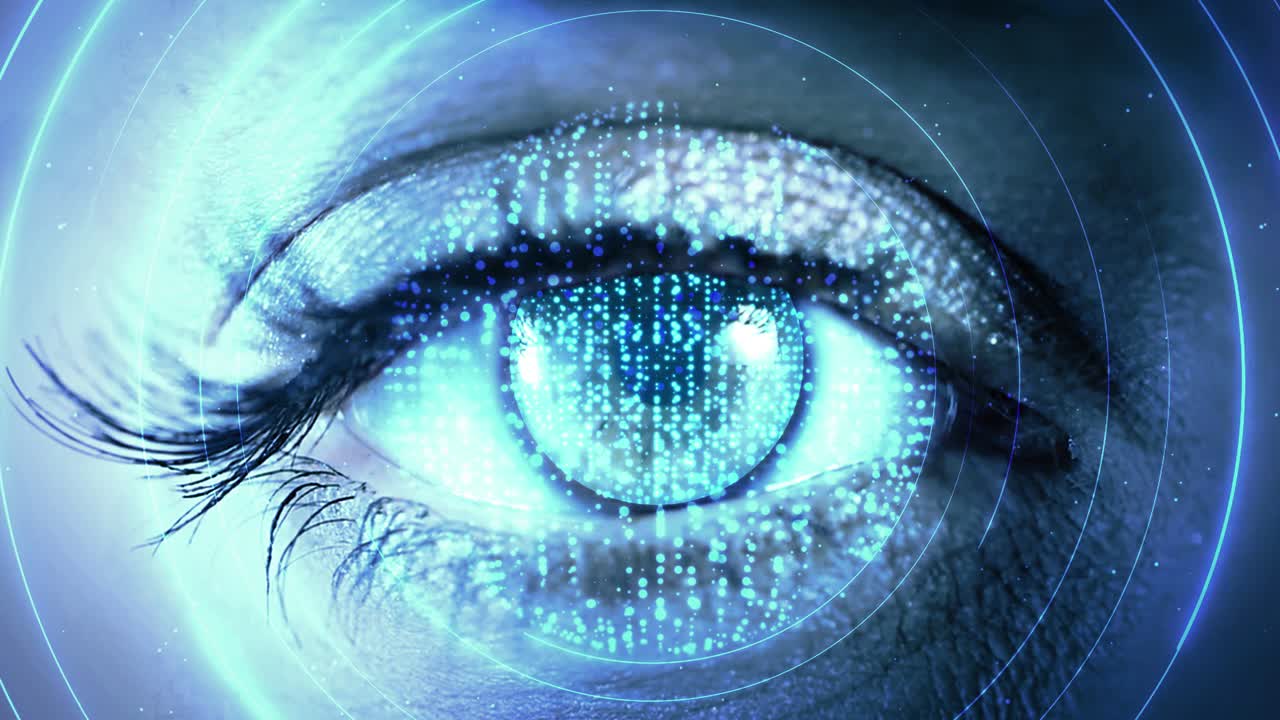 4k digital composite of eye open and close while binary codes move loop animation concept of future
