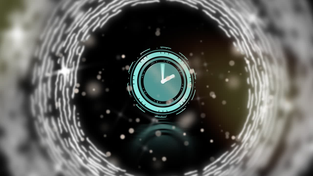 검은 바탕 위의 시계와 디지털 터널의 애니메이션