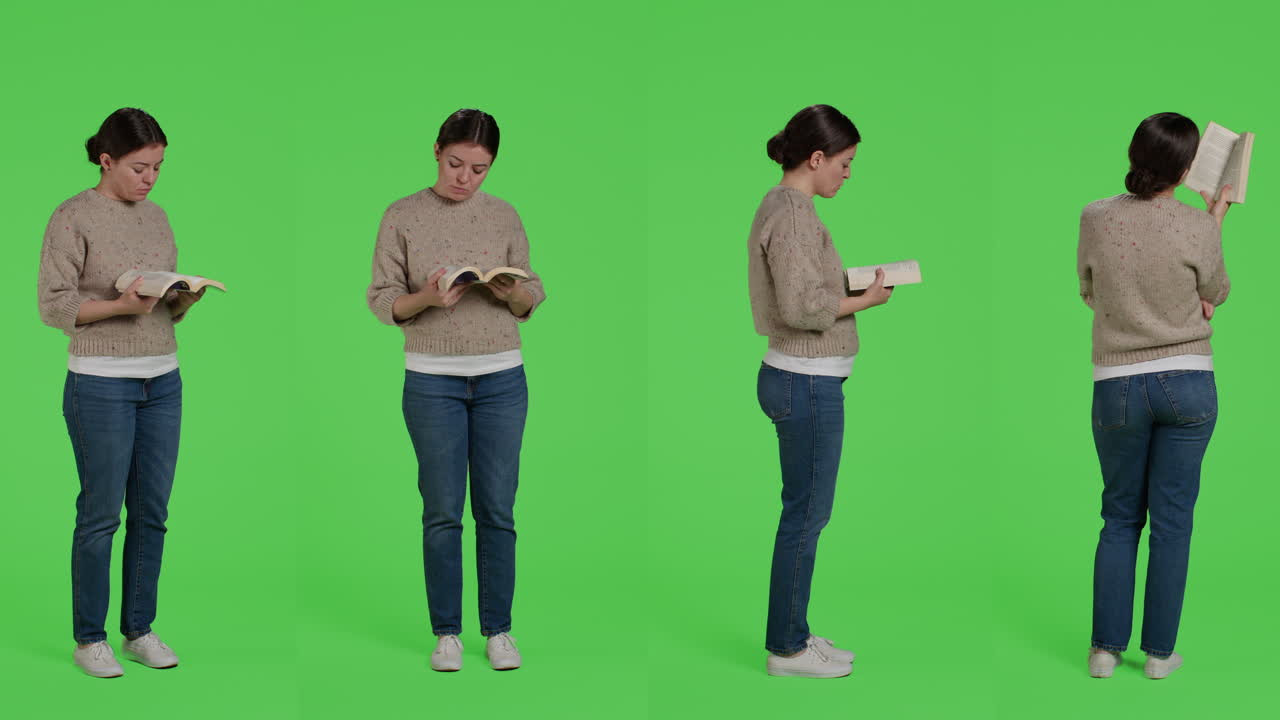 Woman Reading a Book on Green Screen