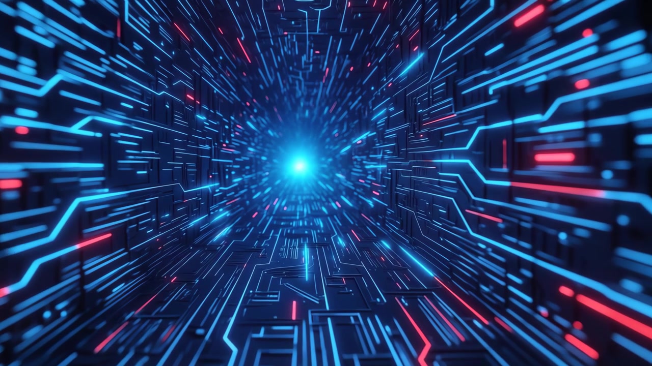 Abstrakter digitaler Tunnel mit leuchtenden blauen und roten Datenlinien