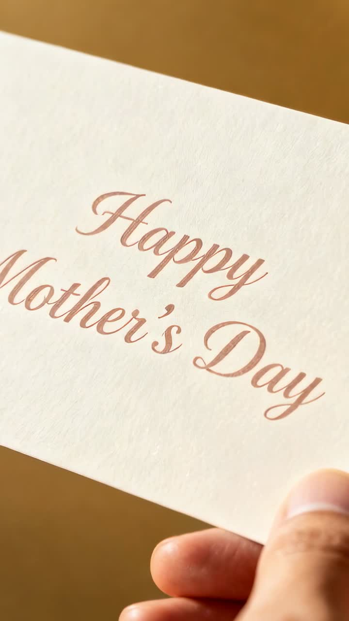 Vertical video: Showing card, right-hand nudging, rotating, revealing Happy Mother's Day at home
