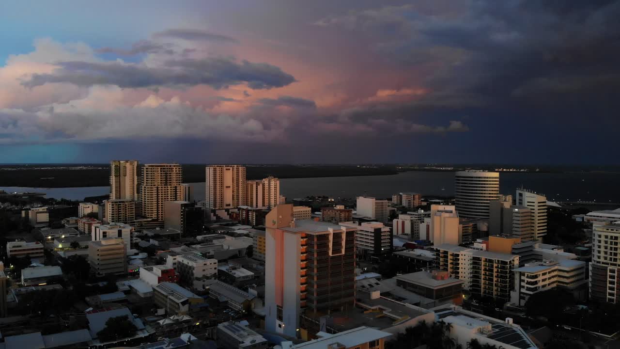 Darwin CBD pan down with beautiful sky in NT Australia in 4k