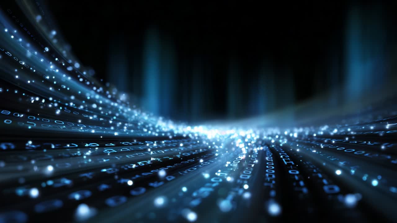 A mesmerizing display of glowing binary code streams through a dark void, showcasing the captivating beauty of data transformation and digital innovation through vibrant illumination and movement