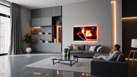 man relaxing and watching various content on a large screen tv in a modern living room