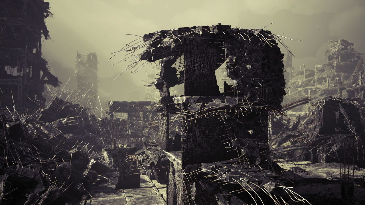 Vegetation engulfs deserted buildings under gentle illumination