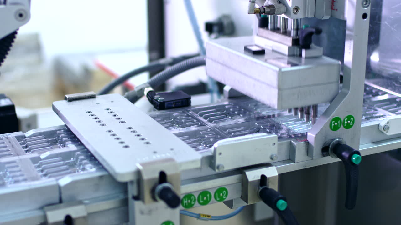 Pharmaceutical production machine. Medical ampoules on packaging line