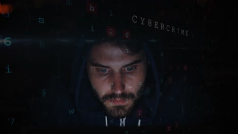 Cyber security data processing against male hacker using laptop