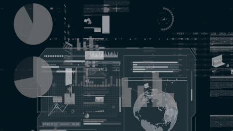 animation of multiple graphs, globes and trading board over computer language on black background