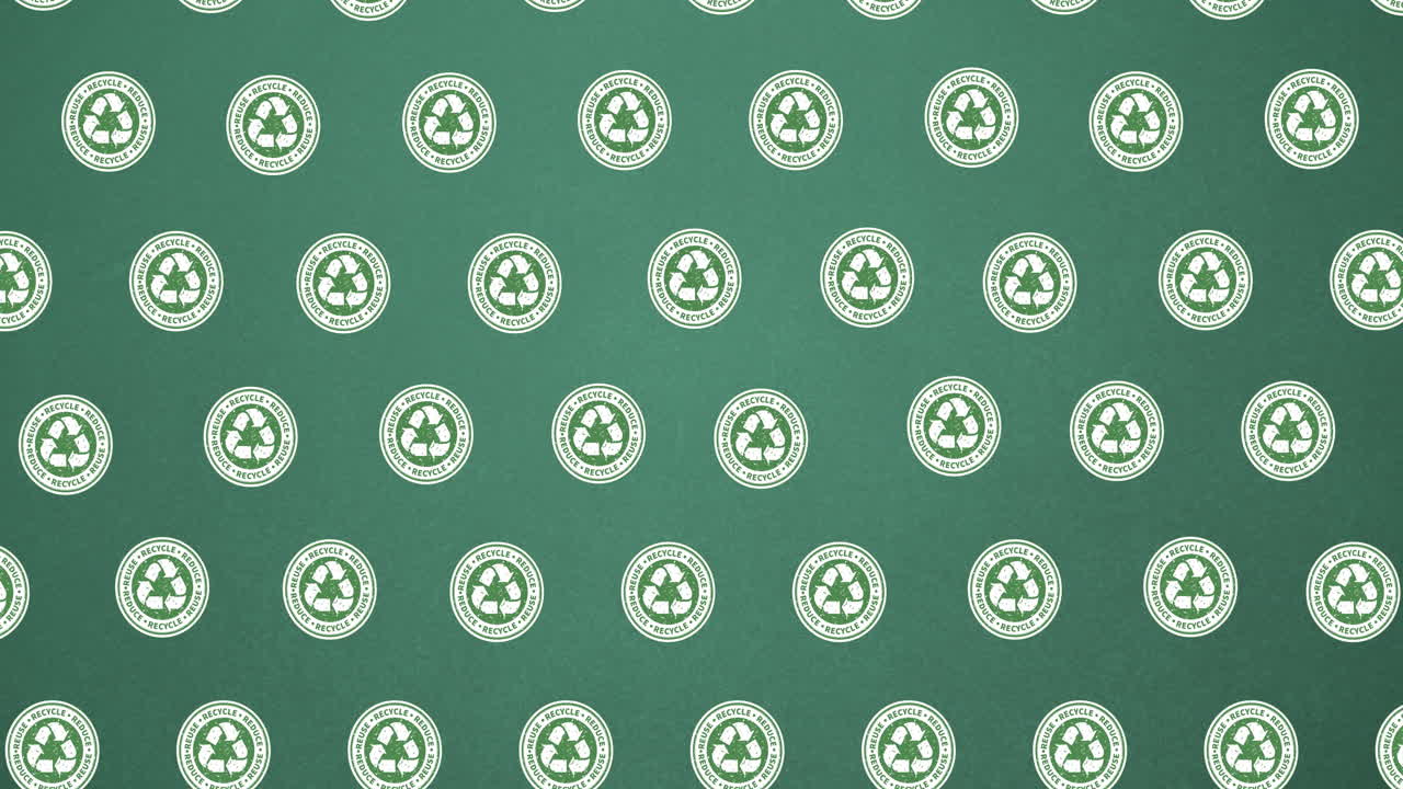 Animation of multiple falling recycling text and logos on dark green background