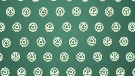 animation of multiple falling recycling text and logos on dark green background