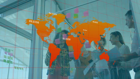 animation of world map against diverse colleagues discussing over memo notes at office