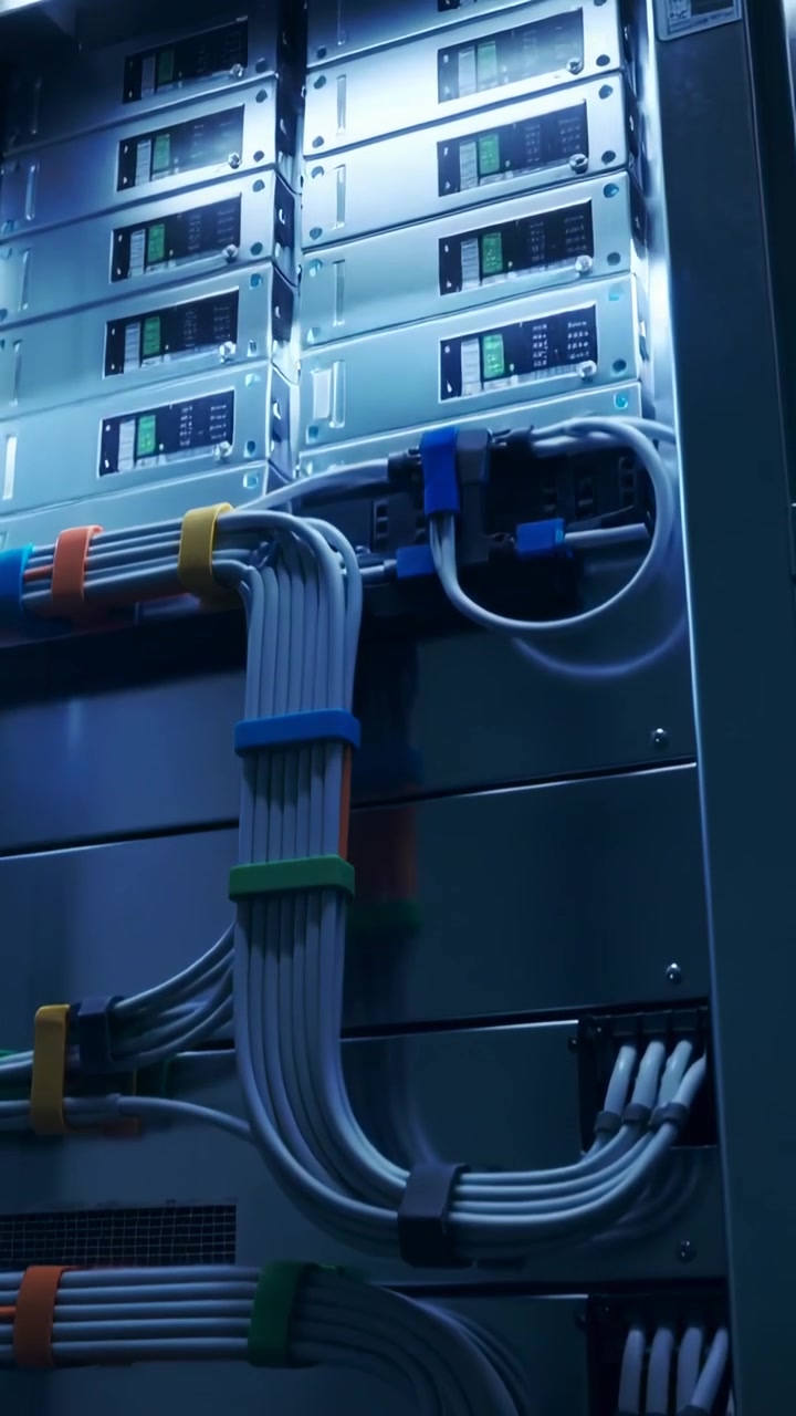Video verticale: Telecamera che panoramica verso l'alto, mostrando cavi raggruppati e fascette colorate in una sala server per un controllo.