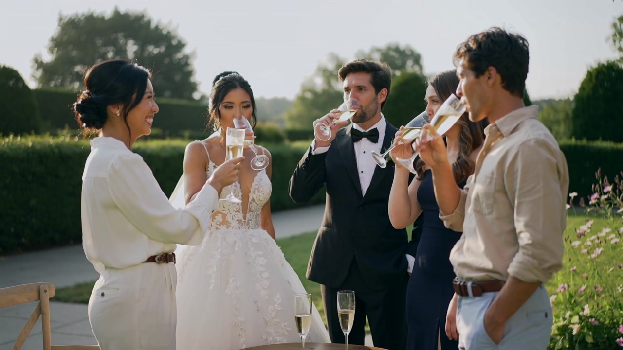 Toasting bride in white gown, groom in black tuxedo and guests in garden, holding champagne flutes