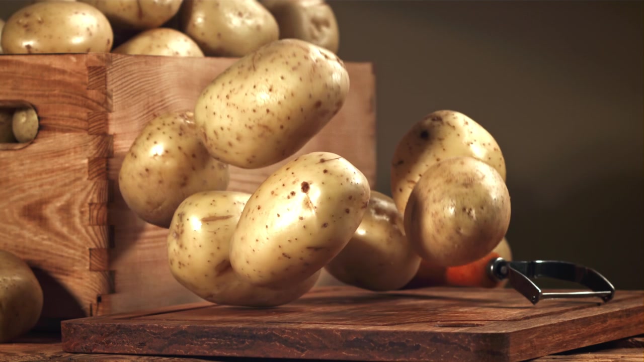 Patate fresche che cadono su un tagliere di legno al rallentatore