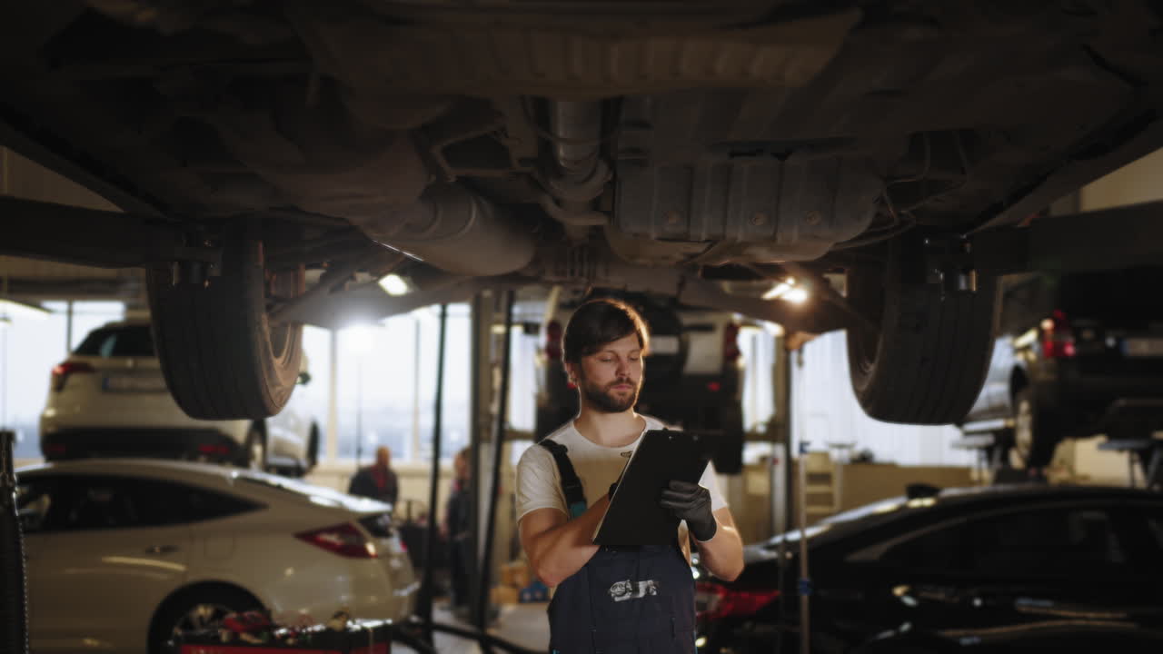 mecánico de automóviles inspeccionando el tren de aterrizaje