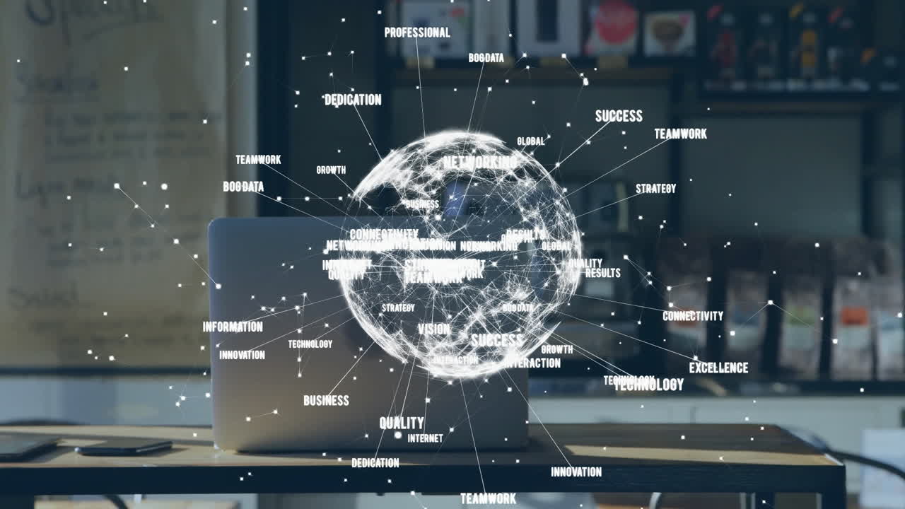 Animazione di un globo con connessioni e testi su un laptop su una scrivania