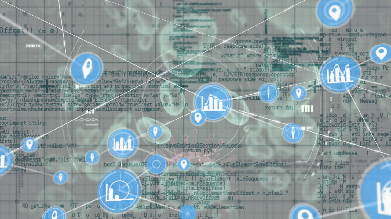 여러 코로나19 세포와 혈관에 대한 그리드 네트워크를 통한 디지털 아이콘 네트워크