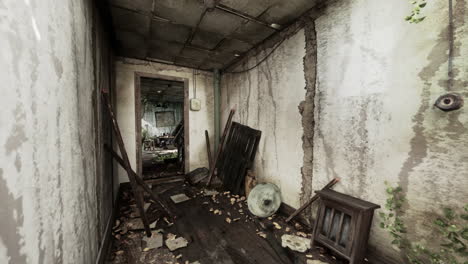 an abandoned, dilapidated house with a creepy, overgrown interior