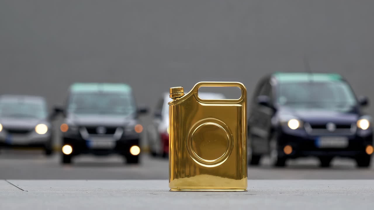 Golden Fuel Can with Cars in Background