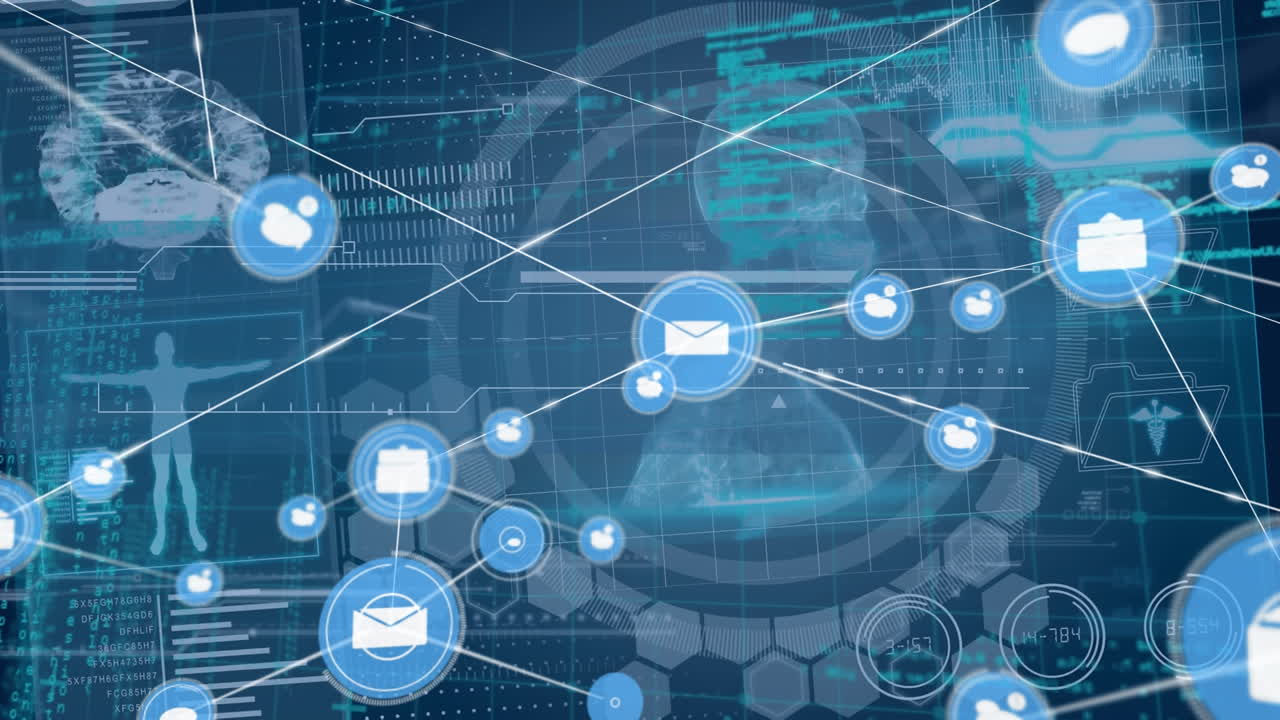 animación de la red de conexiones con iconos sobre el procesamiento de datos