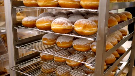 woman in blue gloves takes donuts from stack and put away