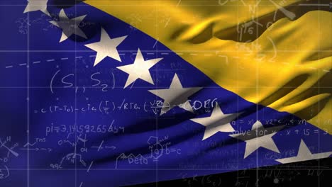 Animation-of-mathematical-equations-floating-against-waving-bosnia-and-herzegovina-flag