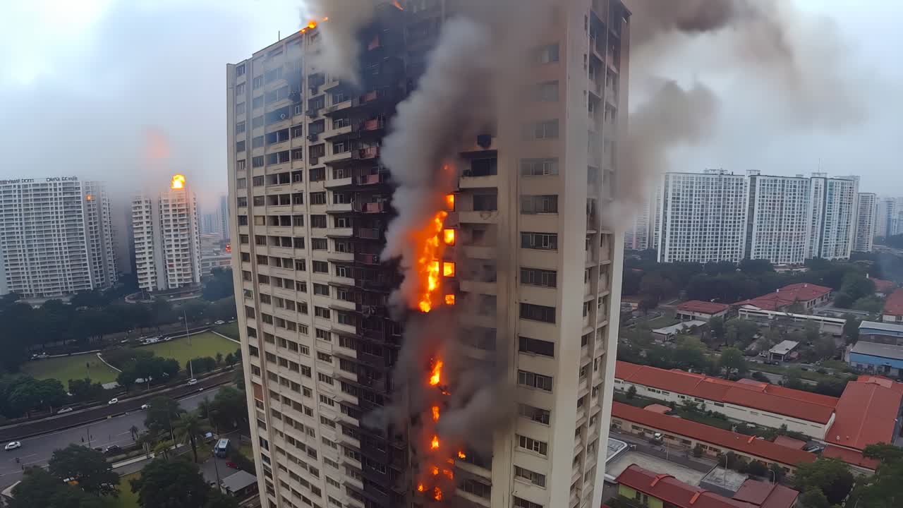 도시 한가운데에 불타고 있는 높은 건물