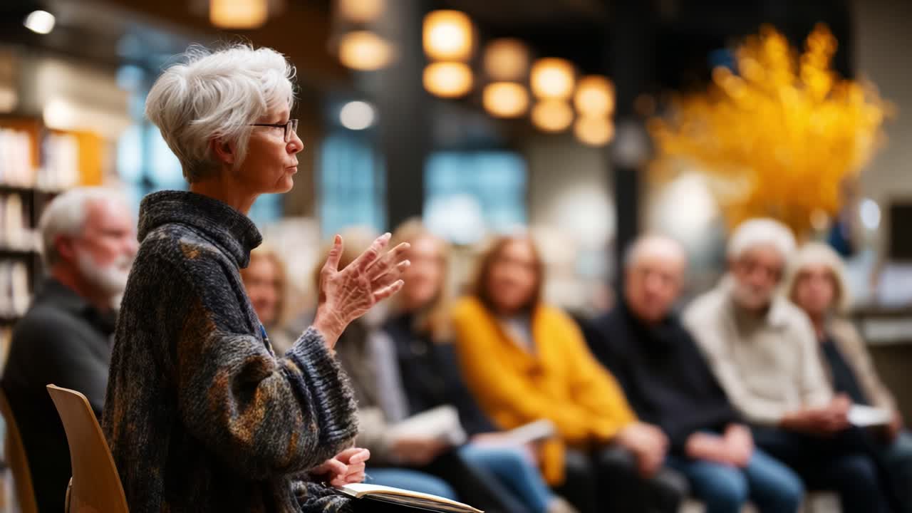 Engaging Dialogue: A Thoughtful Discussion Captured in Intimate Frames Highlighting the Speaker's Expressions and Audience Interaction in a Cozy, Welcoming Environment