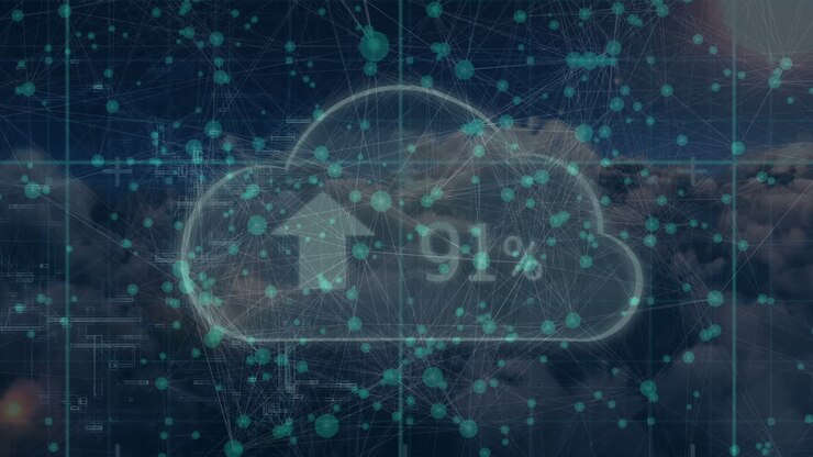 Animation of connections over digital cloud with uploading over cloudy sky
