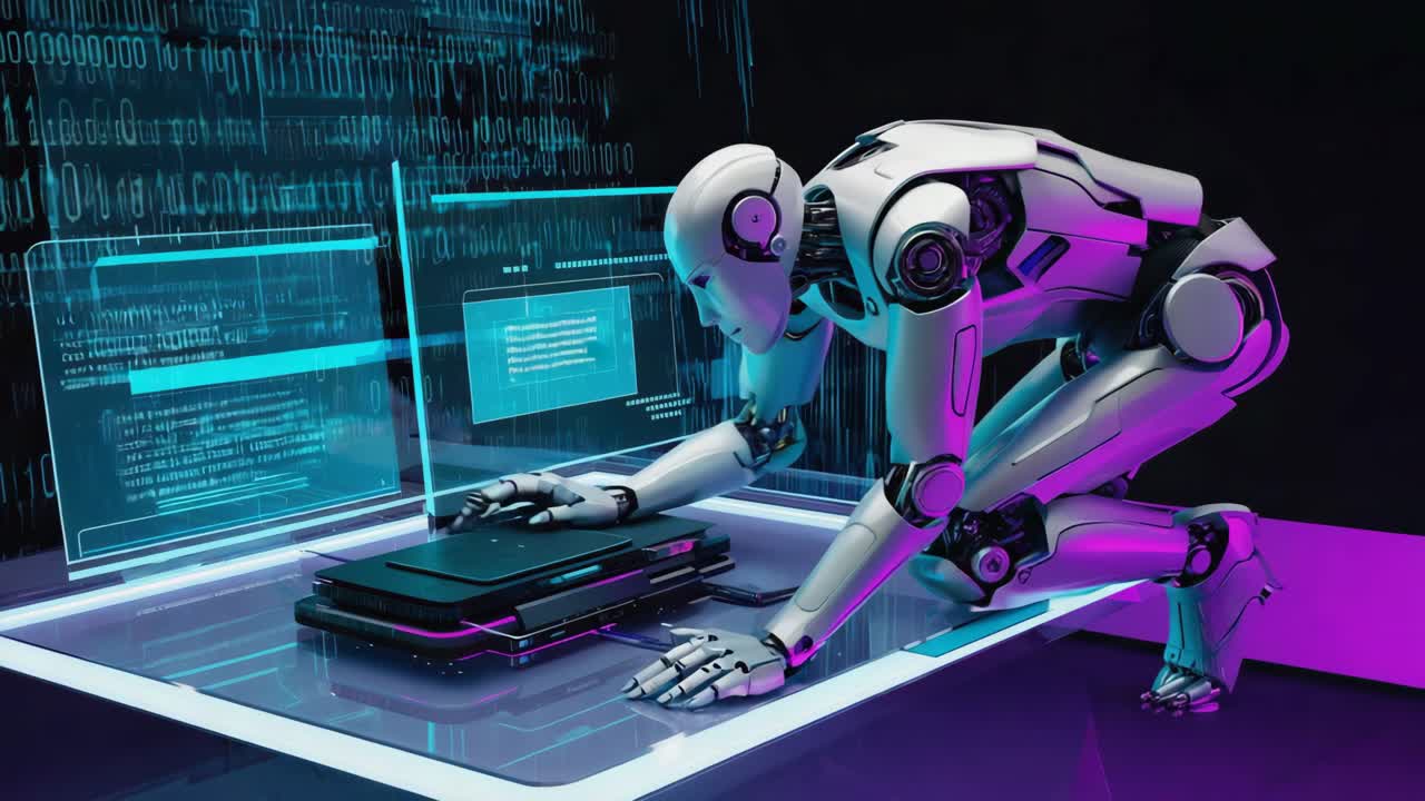 Robot Interacting with Futuristic Digital Interface