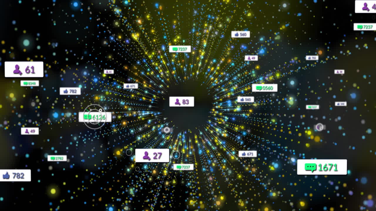 Social media data being visualized in 3D, showing swirling colored dots and floating metric icons