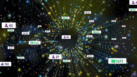 social media data being visualized in 3d, showing swirling colored dots and floating metric icons