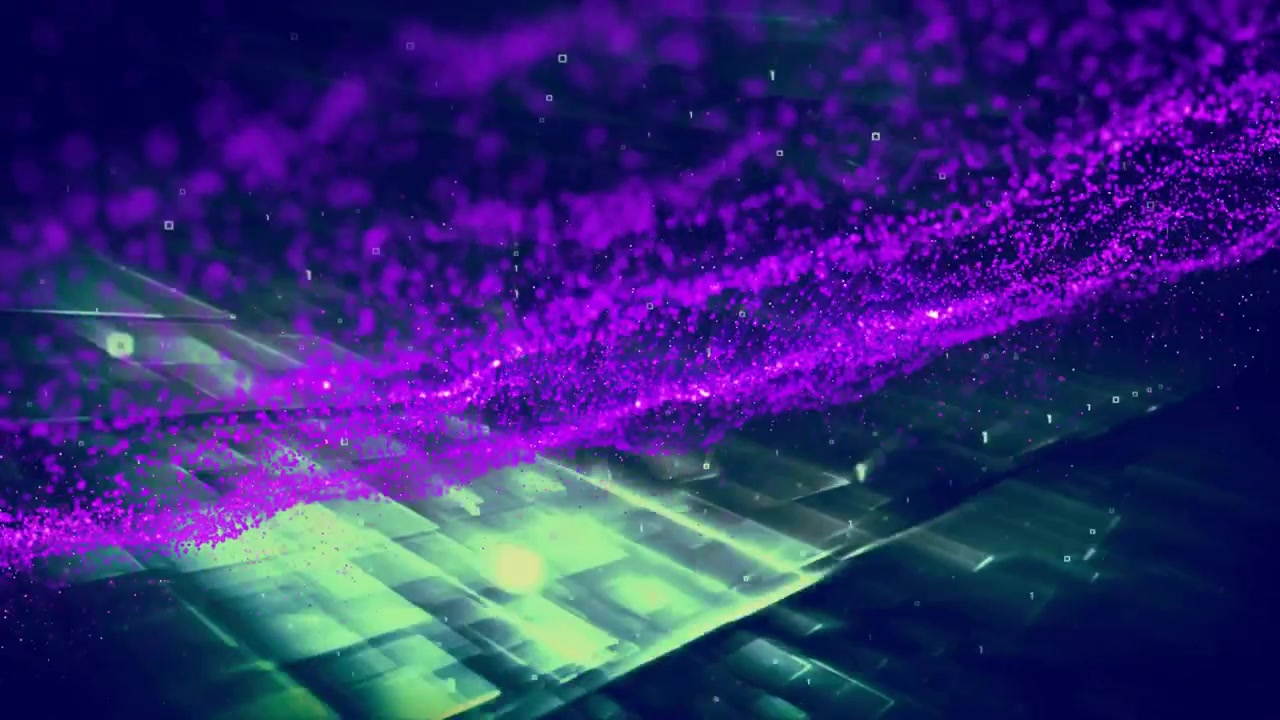 Onda astratta di particelle viola che scorre su uno sfondo a griglia digitale